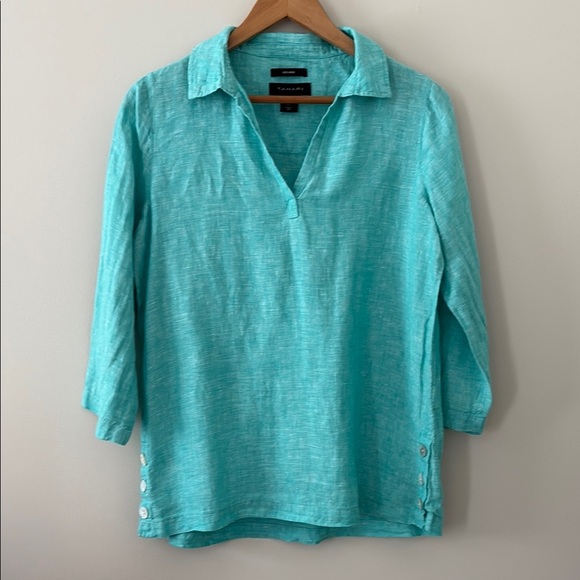 TAHARI Linen Popover Tunic Top Linen 3/4 Sleeve Side Buttons Turquoise Size M - Picture 1 of 9